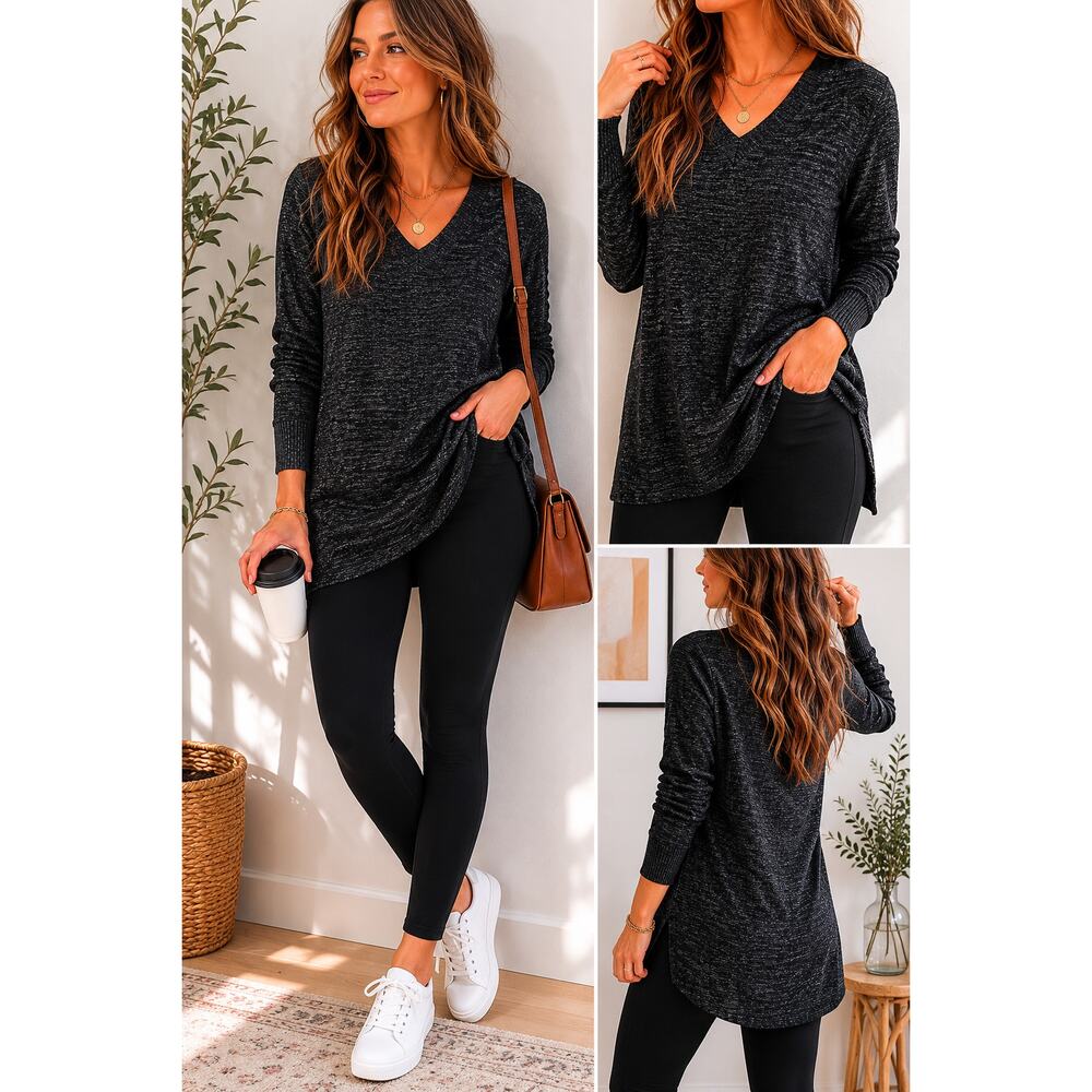 Cozy Charcoal V Neck Tunic Sweater | Minimalist Soft Knit Side Slit Top